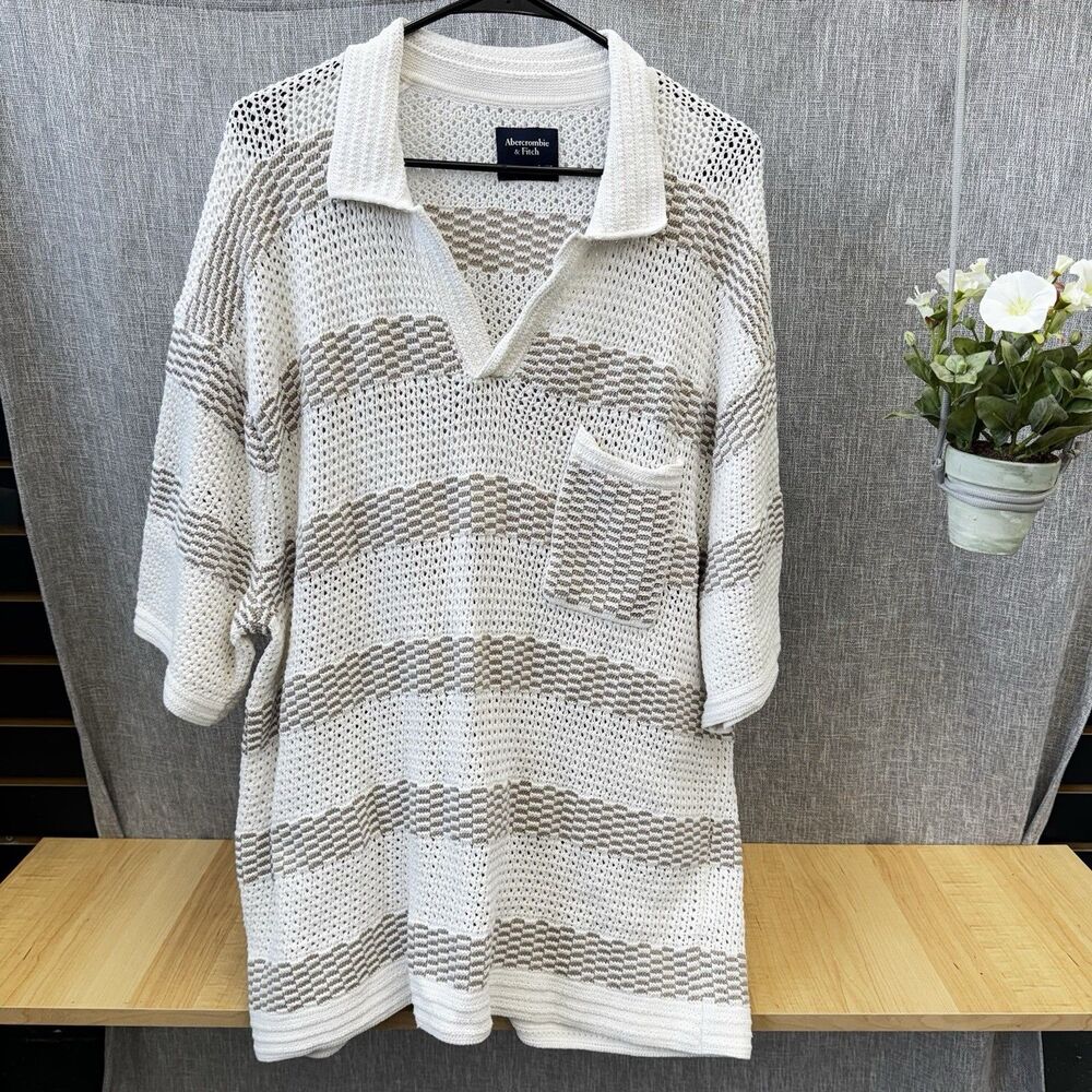 Abercrombie Fitch Shirt Mens XXL Crochet Johnny Collar Polo Shirt - White/Tan
